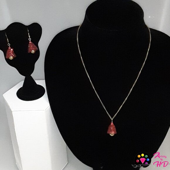 Festive Elegance: Red & Gold Christmas Bell Handmade Necklace and Earrings Set - Picture 2 of 4